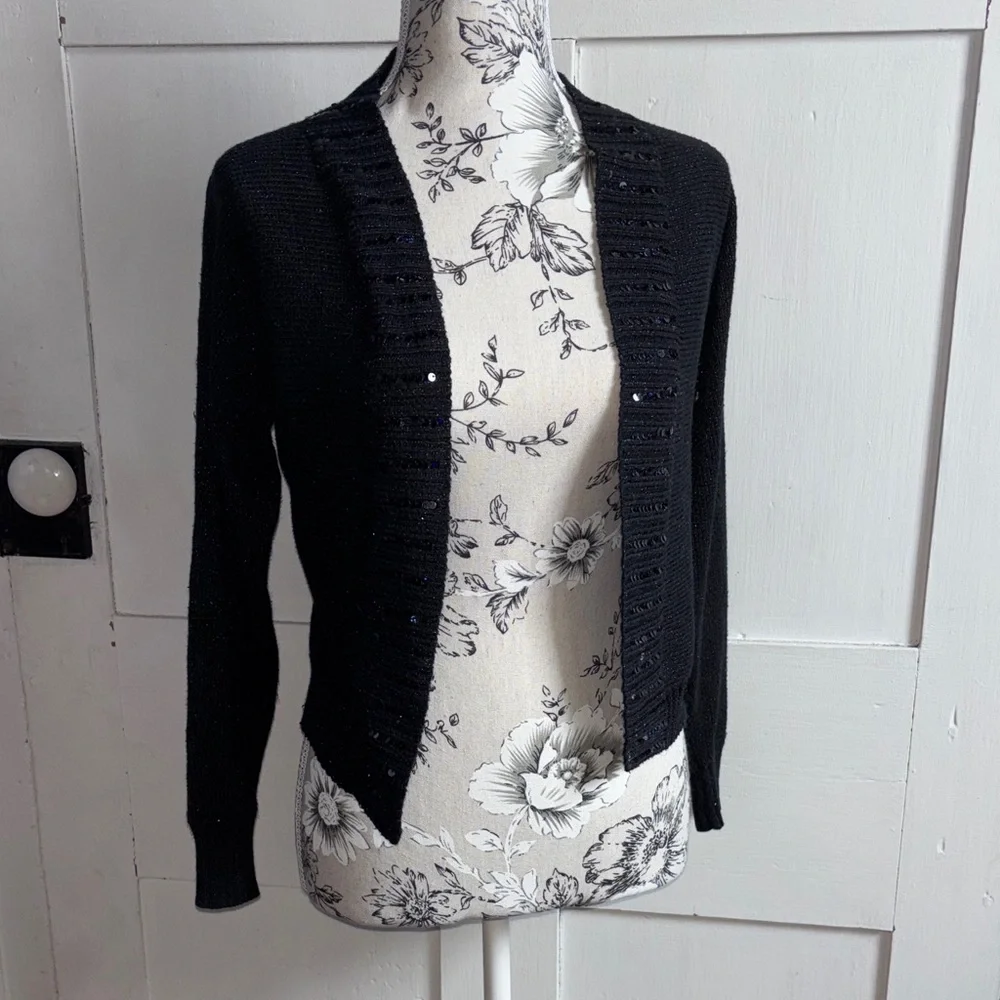 Justice Black Open Front Kids Sweater Cardigan Black Sequin Shimmer Size 12